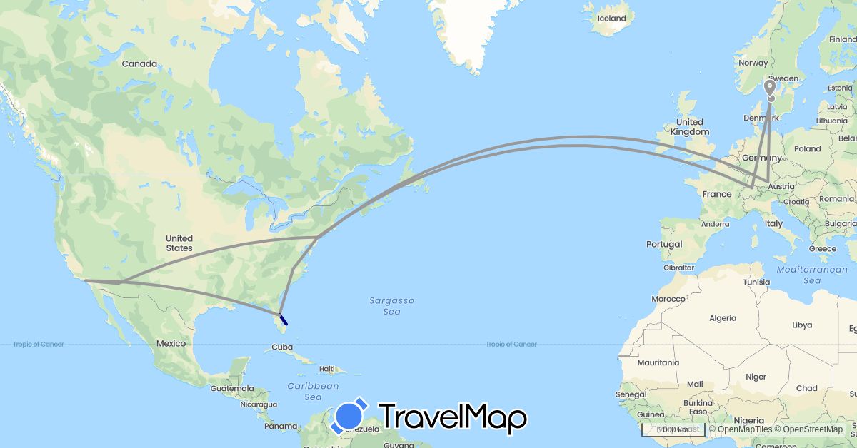 TravelMap itinerary: driving, plane in Switzerland, Germany, Sweden, United States (Europe, North America)